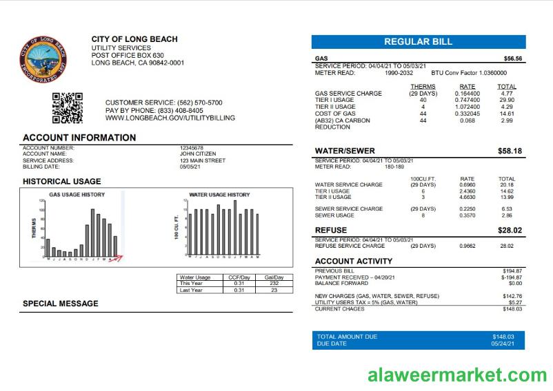 USA City of Long Beach utility bill template in Word and PDF format